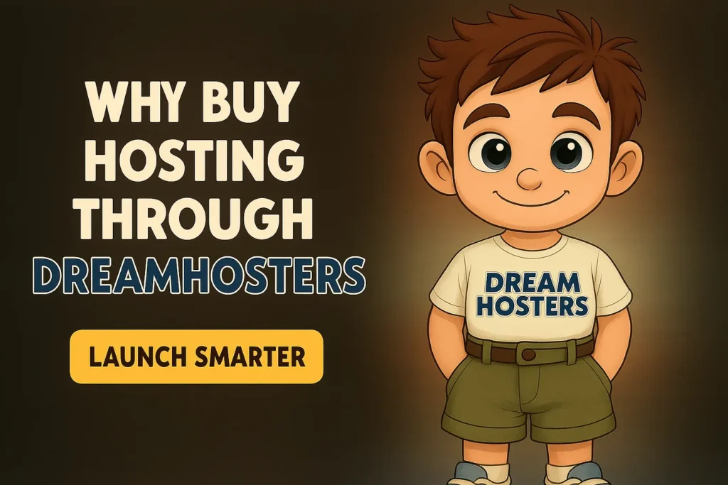 Cartoon-style feature image of Byte, the DreamHosters mascot, standing confidently in a branded t-shirt—used in promotional banner to explain why buy hosting through DreamHosters