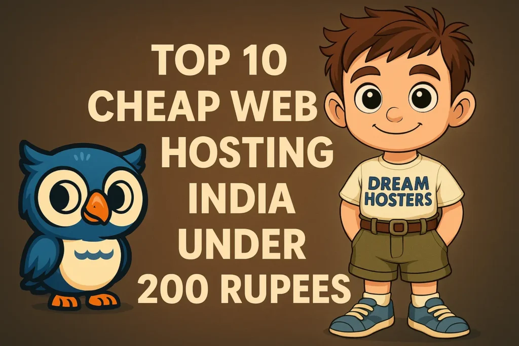 Beak the owl and Byte the boy standing beside a list titled ‘Top 10 Cheap Web Hosting India Under 200 Rupees’, featuring hosting providers with prices in INR. DreamHosters branding included.