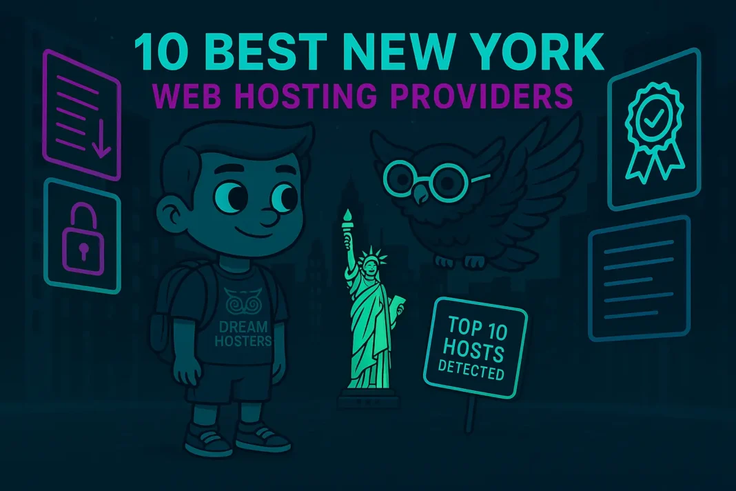 A tech-themed landscape image featuring a futuristic New York City skyline with neon-lit billboards showcasing hosting-related icons like servers, clouds, and padlocks. The scene is set in deep dark blue tones with vibrant highlights of neon cyan, bright green, and electric purple. The title “10 Best New York Web Hosting Providers” is prominently displayed in a dynamic font, integrated seamlessly into the composition.