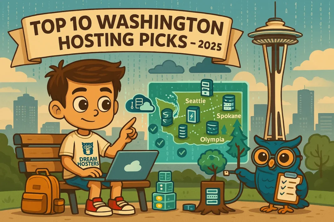 Illustration of a young boy sitting on a park bench with a laptop, pointing at a holographic map of Washington state. The map highlights top hosting picks for 2025 in cities like Seattle, Spokane, Tacoma, and Olympia. His owl assistant, wearing glasses, is holding a clipboard, checking off a list. The Space Needle is visible in the background, with stylized rain falling as digital binary code.