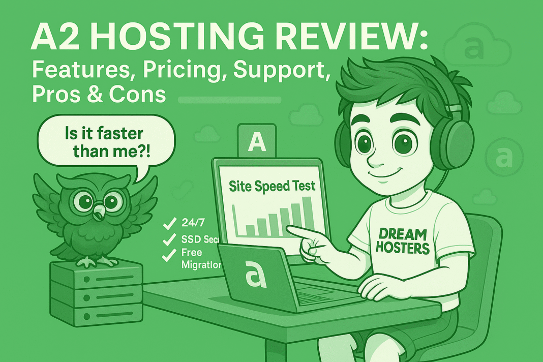 Hosting.com Review (formerly A2 Hosting): A high-tech review lab with an Island Green background. The Cartoon Boy, now sitting and wearing headphones, is at a futuristic control desk surrounded by floating, semi-transparent panels displaying pros, cons, pricing graphs, and feature breakdowns. The Owl Assistant, in crisp White, is positioned on a robotic arm, rotating a virtual globe to highlight GTHost’s server locations. A large screen in the back shows a 'Review Score Meter,' filling based on analyzed categories. The scene blends a professional tech-review aesthetic with a playful cartoon style.