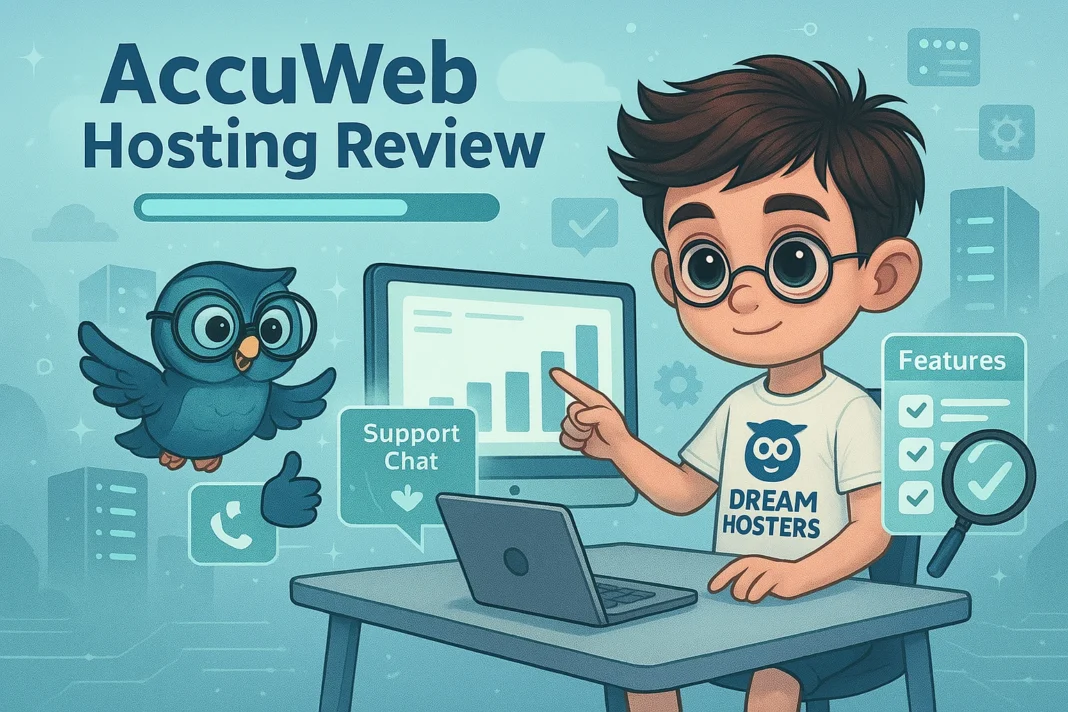 A tech-themed digital illustration featuring a cartoon boy and owl assistant. The boy sits at a sleek modern desk with a large computer monitor, pointing at a chart displaying pricing plans and server stats. The owl, wearing round tech glasses, hovers beside a holographic screen labeled “Support Chat,” giving a wing-up gesture. The background features floating server towers emitting a cool-blue glow, with subtle circuit lines and sparkles suggesting connectivity. The scene is enveloped in a soft blue gradient sky with faint tech icons subtly blended in. At the top, a glowing progress bar highlights the title “AccuWeb Hosting Review.” The palette consists of icy blue, silver-gray, mint green, and lavender, maintaining a cool futuristic aesthetic.