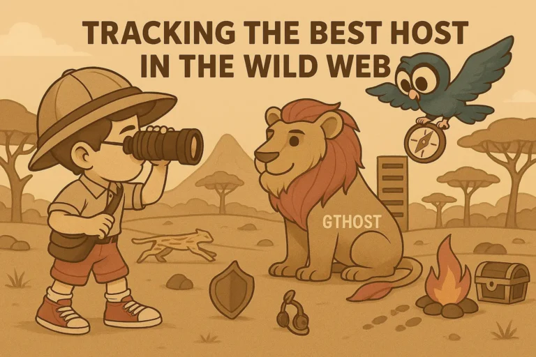 "Byte & Beak on the GTHost Safari" — A whimsical safari adventure in a digital savannah. Byte, dressed as a young explorer in an Old Burgundy outfit with Mystic accents, peers through binoculars at the regal "Server Lion," which has a glowing Mystic mane and features subtle GTHost branding. Beak, a Burnished Brown owl with Desert Sand highlights, flies above, using a vintage compass to point out key hosting features across the landscape. Speed is symbolized by a digital-streaked cheetah running across the terrain, security by a shield-shaped rock formation, support by a campfire with a headset nearby, and pricing by footprints leading to a half-buried treasure chest in the sand. The muted, earthy tones create a grounded atmosphere, blending whimsical storytelling with tech-inspired visuals.