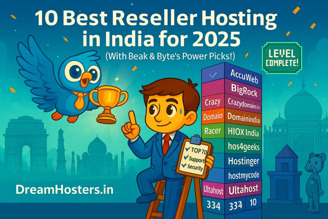 Best Reseller Hosting in India: A vibrant, celebratory landscape image showcasing Beak (a cheerful owl with a mic) and Byte (a tech-savvy boy in a full suit) standing confidently in front of a sleek digital display. Behind them, a stylized map of India glows subtly in the background. Ten colorful server towers rise like skyline blocks, each labeled with top reseller hosting providers for 2025: AccuWeb Hosting, BigRock, Crazydomains.in, Domain India, DomainRacer, HIOX India, hos4geeks, Hostinger, hostmycode, and Ultahost. Sparkling data lines and festive elements add energy to the scene. At the bottom, the watermark “DreamHosters.in” is elegantly placed in white.
