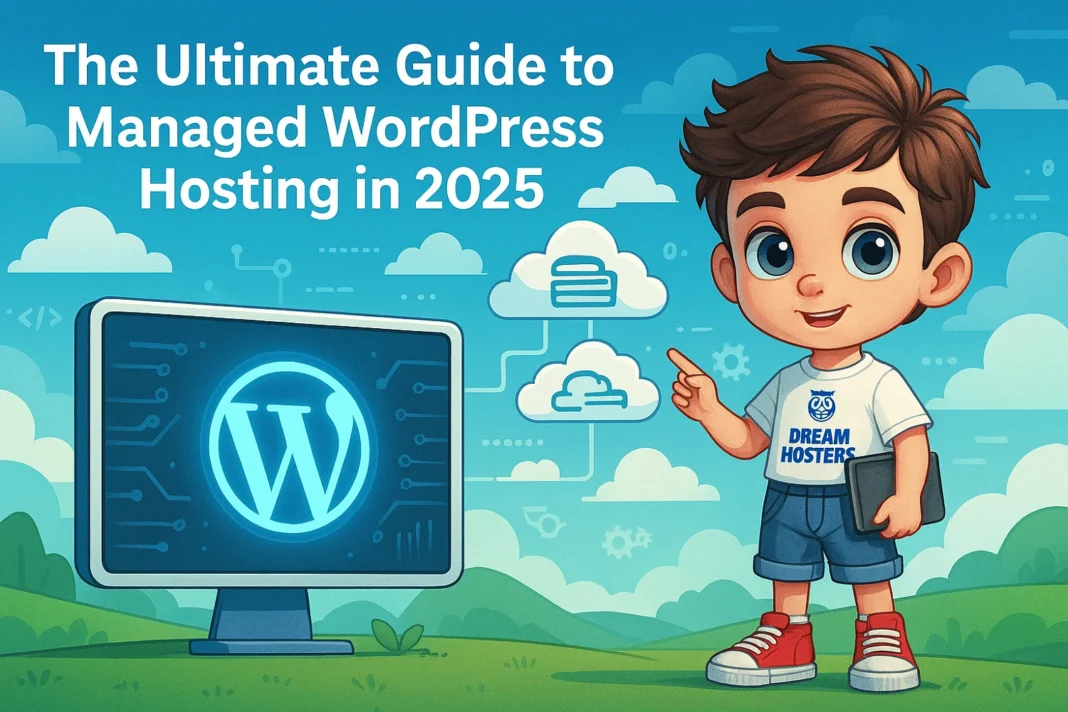 A bright digital-tech landscape with a friendly cartoon boy holding a tablet and pointing at floating cloud servers. Next to him, a large screen displays the glowing WordPress logo, symbolizing managed hosting. The background features green hills, a blue sky, and digital motifs like code snippets, icons, and gears, emphasizing the tech theme.