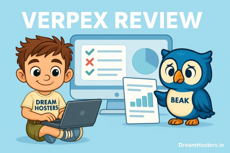 Verpex Review illustration featuring mascots Beak and Byte discussing hosting features, pricing, support, pros and cons in a light blue theme with Dream Hosters watermark.