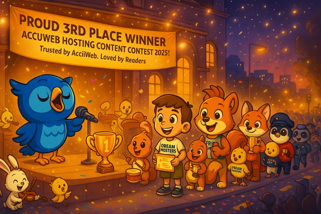 A vibrant landscape digital illustration showing an outdoor awards celebration for the AccuWeb Hosting Content Contest 2025. A large stage displays the banner: “Proud 3rd Place Winner – AccuWeb Hosting Content Contest 2025! Trusted by AccuWeb. Loved by Readers.” Beak the blue owl is singing joyfully on stage while a golden trophy sits beside him. Byte stands near the edge of the stage receiving prize gifts from a long queue of DreamHosters mascots: Bitsy, Choco, Flix, Peep, Rusty, Zippy, and Tuxie — each holding a wrapped present. The queue stretches beyond the hall, out to the main road, where a traffic police officer is humorously struggling to control an excited crowd of cute animals and fans.