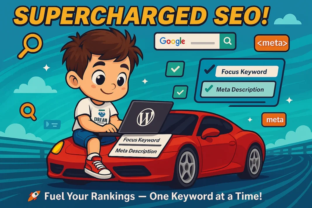 A cartoon boy stands beside a red Ferrari, typing on a laptop placed on the car’s bonnet. The laptop screen displays a WordPress SEO dashboard with fields for 'Focus Keyword' and 'Meta Description' being filled out. In the background, a digital highway stretches out, filled with floating SEO-related icons like magnifying glasses, upward-trending graphs, and search snippets, symbolizing internet traffic and speed. The vibrant colors—reds, blues, and gold—create a dynamic, tech-savvy atmosphere, emphasizing growth and success.