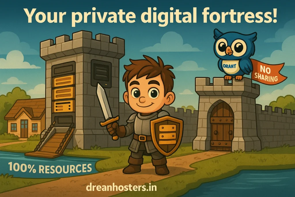 
Dedicated Servers: Cartoon-style image of Byte dressed as a knight guarding a fortress-shaped server labeled “100% Resources,” while Beak stands on a turret holding a red “NO SHARING” flag. The scene promotes dedicated server hosting with the text “Your private digital fortress!” and includes the website dreamhosters.in at the bottom.