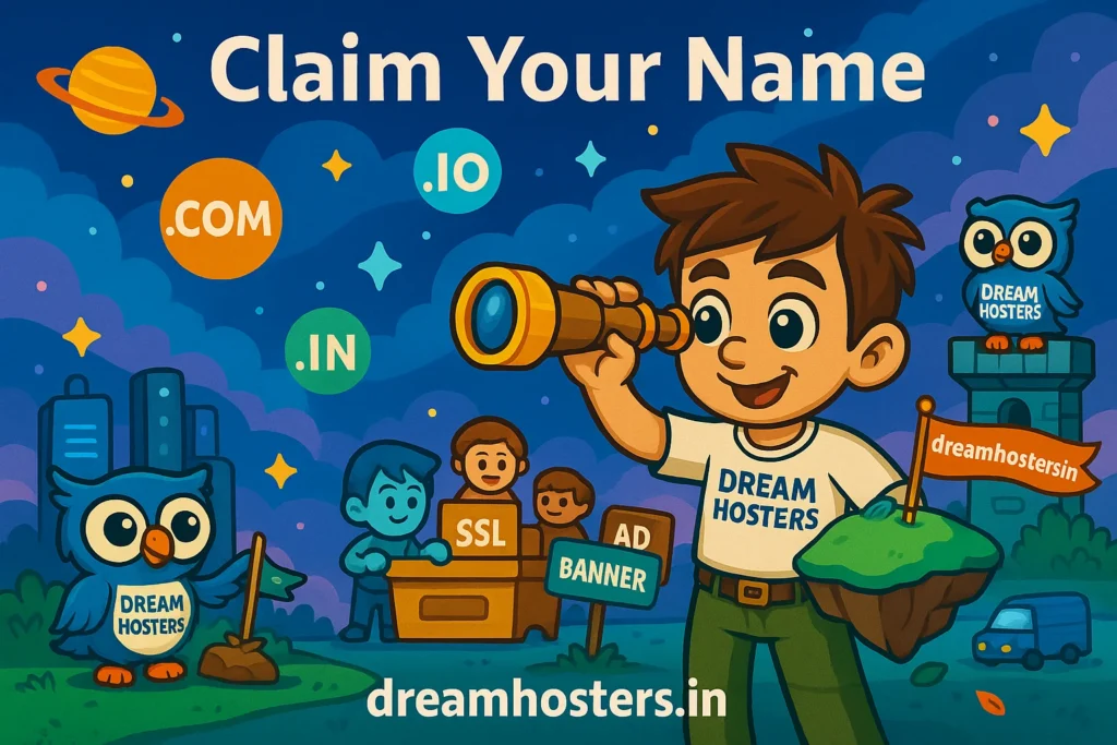 Domain Registrars: Cartoon-style illustration of Byte using a telescope to view floating domain extensions like “.COM,” “.IO,” and “.IN” in a cosmic sky, while Beak stands on a tower placing a flag labeled “dreamhosters.in” on a floating island. The background includes stars, city buildings, and the text “Claim Your Name” with dreamhosters.in at the bottom.