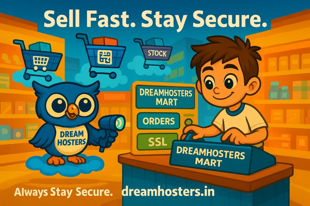 E-Co: Cmmerce Hosting: Cartoon-style image of Beak scanning a QR code on a floating shopping cart inside “DreamHosters Mart,” while Byte manages a storefront control panel with buttons labeled “Orders,” “Stock,” and “SSL.” The background features digital store shelves, floating carts, and the text “Sell Fast. Stay Secure.” with dreamhosters.in at the bottom.