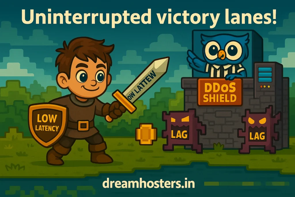 Game Server Hosting: Cartoon-style illustration of Byte as a video game warrior fighting “LAG” monsters with a “Low Latency” sword and shield, while Beak, dressed as a referee, monitors from a control booth labeled “DDoS Shield.” The background resembles a retro pixel game arena, with the text “Uninterrupted victory lanes!” and the website dreamhosters.in at the bottom.
