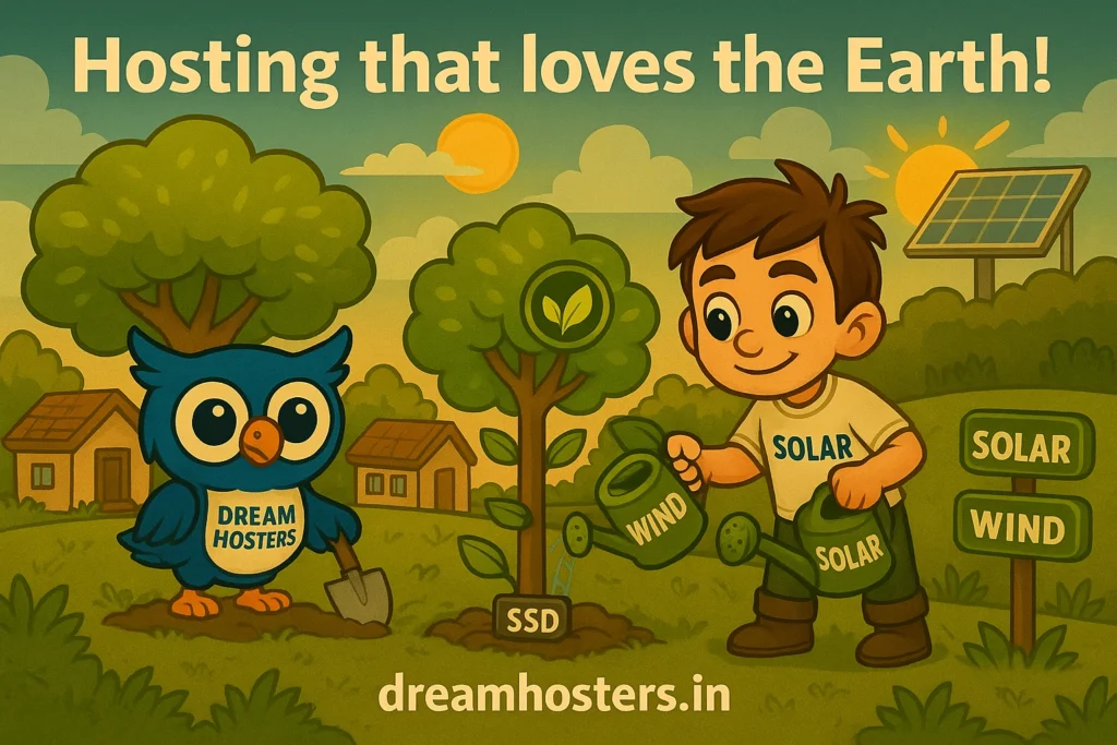 reen Hosting: Cartoon-style illustration of Byte watering a server sapling with cans labeled “Solar” and “Wind,” while Beak plants a tree bearing “SSD” and “Carbon Neutral” tags. The background includes solar panels, eco-houses, and the text “Hosting that loves the Earth!” with dreamhosters.in at the bottom.