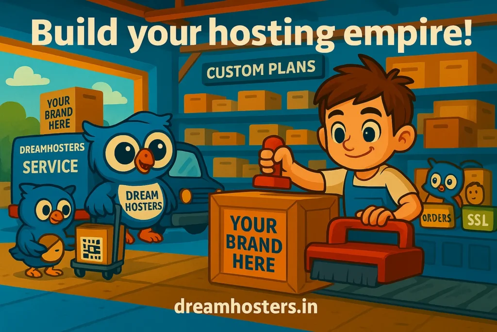 Reseller Hosting: Cartoon-style illustration of Byte stamping “YOUR BRAND HERE” onto server crates in a colorful warehouse labeled “CUSTOM PLANS,” while Beak loads boxes into a truck labeled “DREAMHOSTERS SERVICE.” Additional crates marked “ORDERS” and “SSL” appear in the background, with the text “Build your hosting empire!” and dreamhosters.in at the bottom.