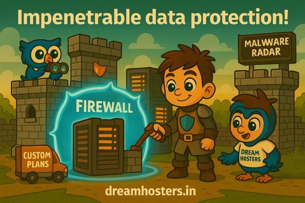 Security-Focussed: Cartoon-style illustration of Byte activating a glowing “FIREWALL” barrier around tall server towers while dressed as a security knight. Beak stands in a stone watchtower labeled “MALWARE RADAR,” scanning the horizon with binoculars. A truck labeled “CUSTOM PLANS” and the text “Impenetrable data protection!” appear in the vibrant background, with dreamhosters.in at the bottom.