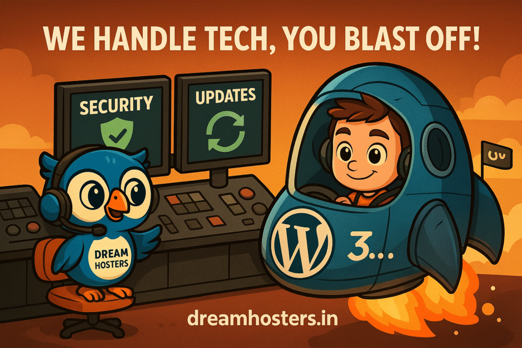 Cartoon-style illustration of Byte preparing to launch in a rocket shaped like the WordPress logo, while Beak monitors “Security” and “Updates” screens from a mission control desk. The scene includes the text “We handle tech, you blast off!” and the website dreamhosters.in at the bottom, symbolizing managed WordPress hosting support.