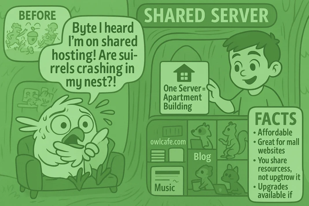 A playful cartoon illustration explains shared hosting using a treehouse apartment metaphor. In the foreground, Beak, a wide-eyed owl, clutches a pillow on a tiny digital couch inside his labeled treehouse website, 'owlcafe.com,' looking panicked. He exclaims, 'Byte! I heard I’m on shared hosting! Are squirrels crashing in my nest?!' Byte, a calm and confident boy, peeks through a digital window holding a mini whiteboard diagram. The diagram illustrates that shared hosting is like an apartment building, where multiple websites (represented by an owl, raccoon, squirrel, and cat) live in separate, well-labeled units within a large tree trunk labeled 'Shared Server.' Each apartment is distinct, and Byte reassures Beak that 'No one’s touching your files!' A faded thought bubble above Beak shows his worst fears—wild squirrels partying, his logo replaced with an acorn, and total digital chaos. To the side, Byte’s facts panel highlights benefits like affordability, resource sharing, and upgrade options for growing websites.
