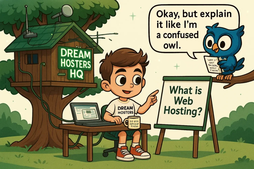 Rank Math Pro: nhanced treehouse labeled "Dream Hosters HQ." The treehouse blends natural wooden textures with futuristic elements like antennas, blinking routers, and floating hosting icons. Inside, Byte, a cartoon boy with a confident expression, sits at a wooden desk with an open laptop displaying hosting diagrams. Wires connect his laptop to the tree, symbolizing an interconnected digital world. A steaming coffee mug labeled "99.99% Uptime Brew" rests beside him. Above, Beak, an inquisitive owl, perches on a branch, flapping mid-question while holding a tiny notepad with scribbles like "What is VPS?" and "Is cloud hosting fluffy?" A speech bubble near Beak reads, "Okay, but explain it like I’m a confused owl. 🦉💭" Nearby, a wooden signpost displays hosting-related directions: “Shared Hosting →” and “Cloud Zone ↑.” The scene is set against a backdrop of lush greenery with soft lighting, merging whimsical storytelling with tech-inspired visuals.