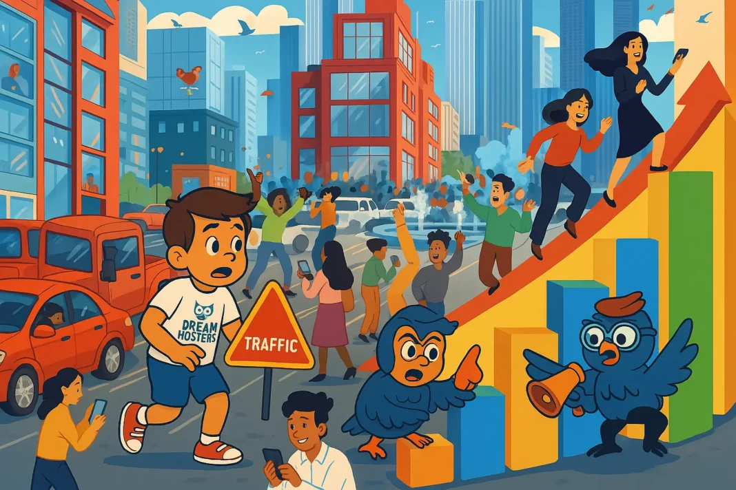 A high-energy, tech-action illustration depicting a futuristic traffic stress-test scenario. The cartoon boy is struggling to control a surge of digital traffic, interacting with glowing screens filled with performance graphs, red alert signals, and fluctuating load meters. The owl assistant is dynamically adjusting server parameters, wearing safety goggles while maneuvering a lever labeled “Boost Capacity.” Surrounding them, illuminated server stacks pulse under heavy demand, and holographic traffic indicators swirl in the air. The scene retains its original color theme while enhancing intensity and movement for a visually engaging representation of website stress testing.