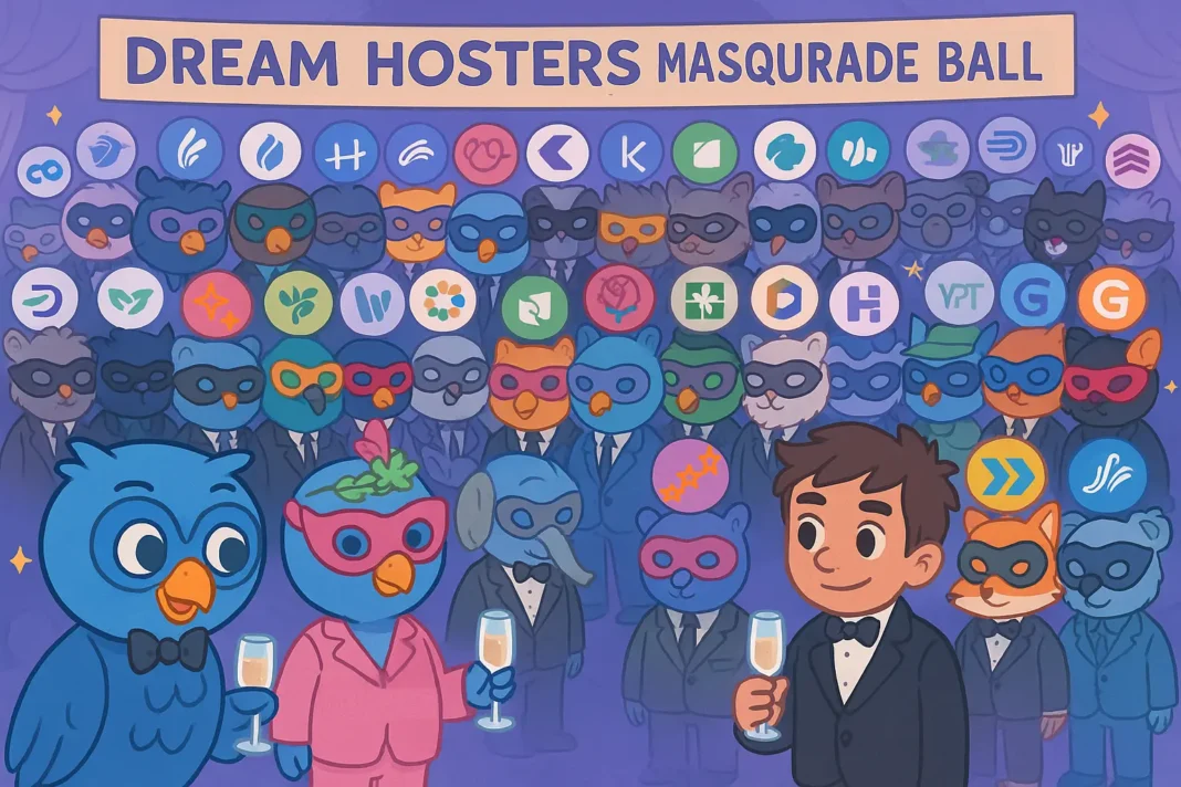 50 Best Web Hosting Providers – A vibrant ‘Dream Hosters Masquerade Ball’ illustration showing dozens of cartoon mascots in tuxedos and colorful masks, each bearing a different hosting provider logo