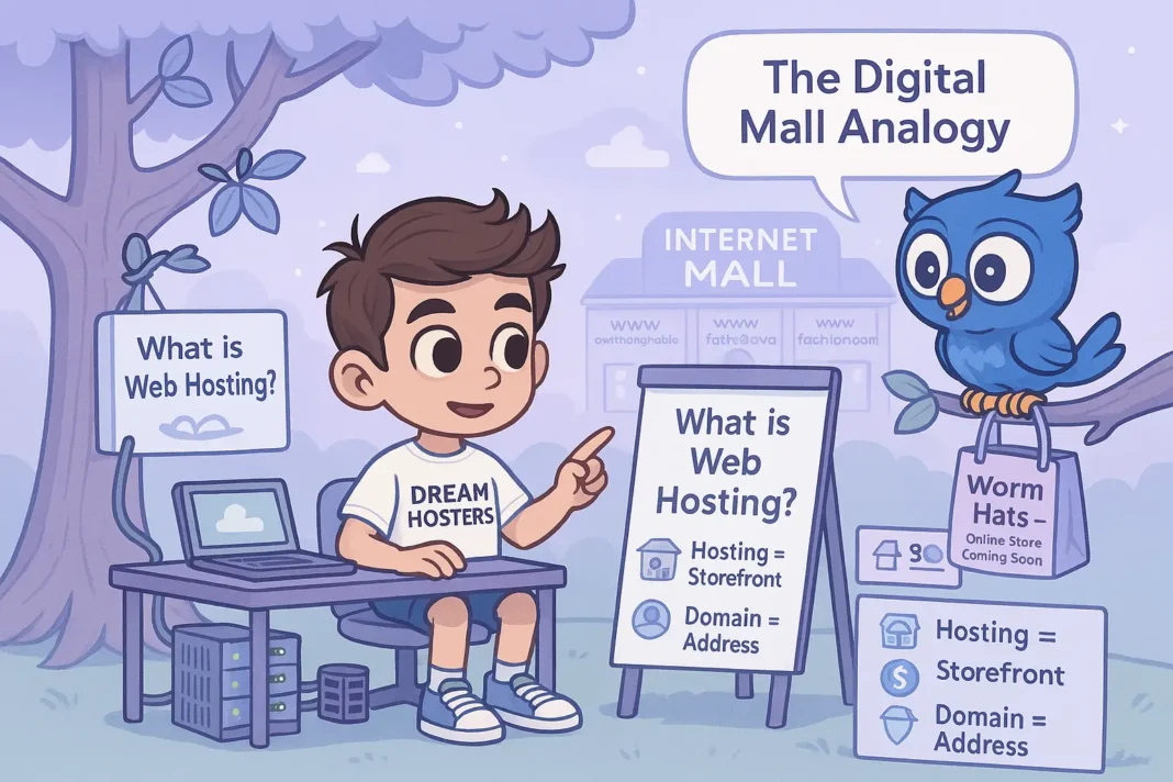A colorful, tech-inspired cartoon landscape featuring Byte sitting at a small digital-themed desk, explaining web hosting using a whiteboard drawing of a shopping mall. Beside him is a miniature server rack, its lights blinking in sync with connected cables. Byte gestures confidently at key hosting concepts written on the board, such as “🏪 Hosting = Storefront” and “🌐 Domain = Address” while sipping from a coffee mug labeled 