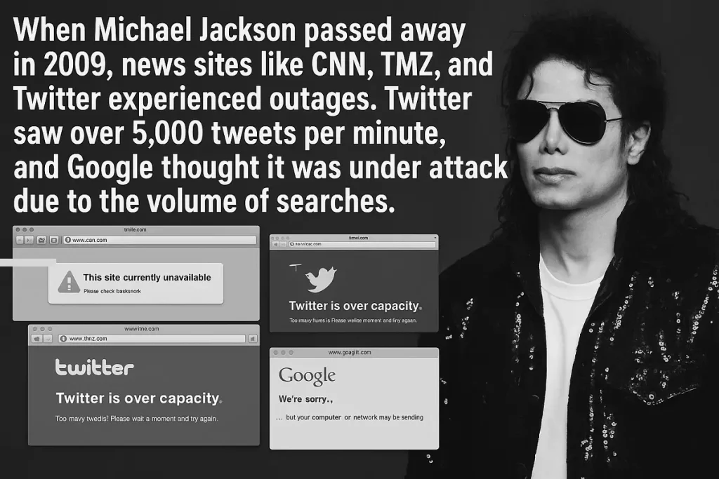 When Michael Jackson passed away in 2009, news sites like CNN, TMZ, and Twitter experienced outages. Twitter saw over 5,000 tweets per minute, and Google thought it was under attack due to the volume of searches.