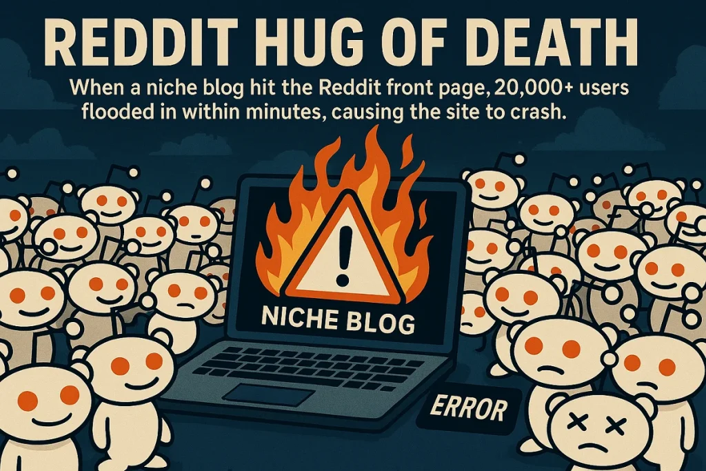 When a niche blog hit the Reddit front page, 20,000+ users flooded in within minutes, causing the site to crash—now that’s what we call the “Reddit Hug of Death.”