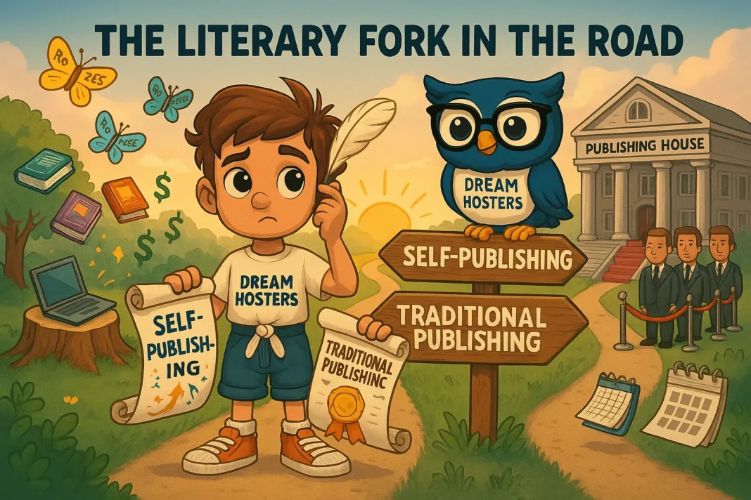 Self-Publishing vs Traditional Publishing: Byte (boy mascot) stands at a fork in the road holding two scrolls—one labeled 
