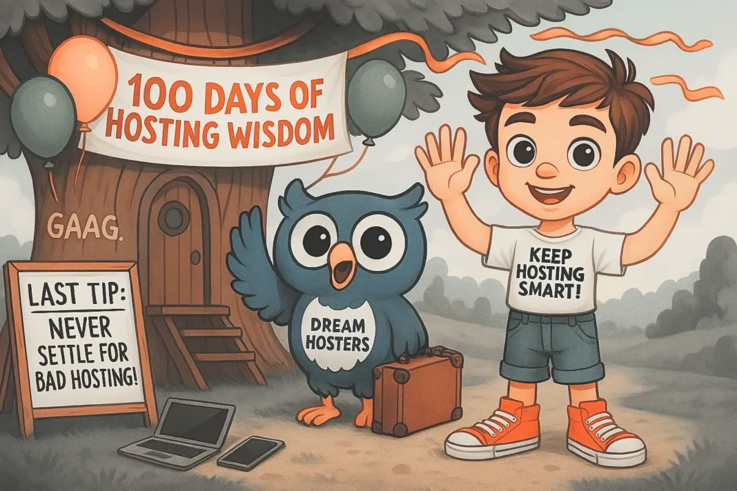 Byte, a young boy, and Beak, a wise owl, stand outside their futuristic treehouse, decorated with balloons, farewell streamers, and a banner that reads ‘100 Days of Hosting Wisdom.’ Both wave goodbye—Beak with a tiny suitcase in one wing, and Byte with an open hand. A whiteboard nearby displays ‘Last Tip: Never Settle for Bad Hosting!’ Their favorite tech gadgets lie scattered around, adding to the nostalgic and celebratory mood.