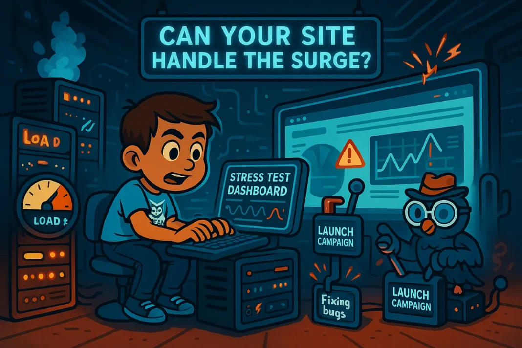 A high-energy tech lab scene featuring a futuristic stress-test environment. The cartoon boy is seated at a glowing console labeled “Stress Test Dashboard,” monitoring simulated traffic spikes, red warning lights, and fluctuating performance graphs on a massive screen. The owl assistant, wearing safety goggles, is activating a lever marked “Simulate 10,000 Users” while managing performance overload warnings. Surrounding them, server stacks emit steam and sparks to humorously depict stress, a load percentage gauge swings wildly into the red zone, and a holographic website interface flickers under pressure. The title “Can Your Site Handle the Surge?” is prominently displayed on a hanging digital screen.