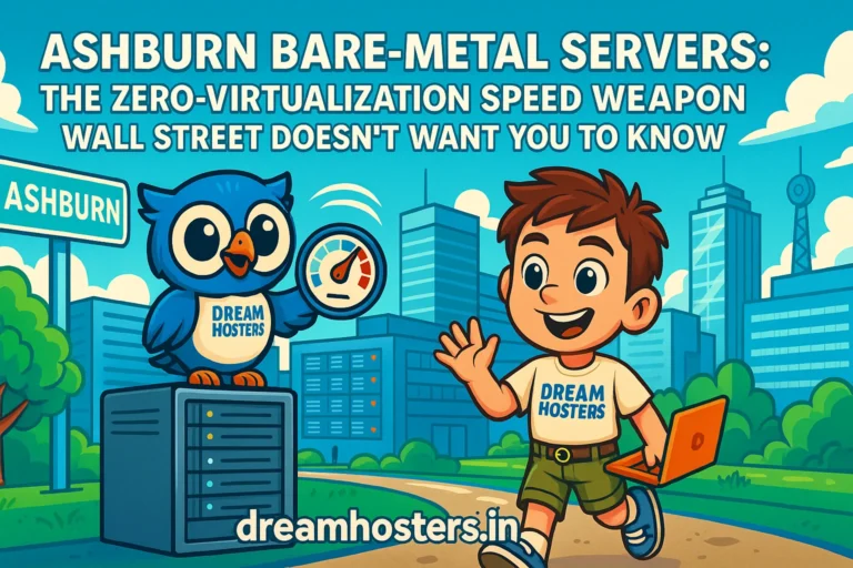Cheerful cartoon mascots Byte (a boy with a laptop) and Beak (a blue owl with "DREAM HOSTERS" on his chest) stand in front of server racks and high-speed cables in Ashburn’s tech hub. The background features a modern data center skyline with vibrant skies and network signals, showcasing the title “Ashburn Bare-Metal Servers: The Zero-Virtualization Speed Weapon Wall Street Doesn’t Want You to Know” at the top and “dreamhosters.in” at the bottom.