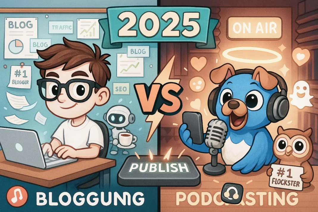 Beak and Byte face off in a split-screen scene comparing Blogging vs Podcasting, with Byte typing at a laptop and Beak recording into a microphone, symbolizing the creator debate in 2025.