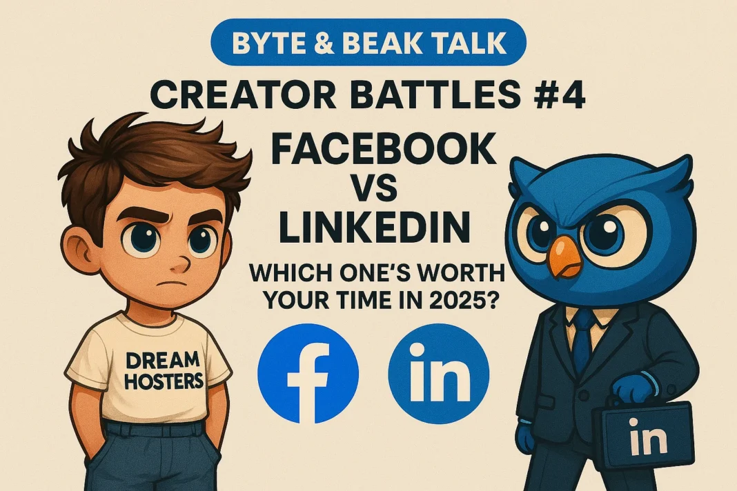 Byte & Beak Creator Battles #4: Facebook vs LinkedIn – Which One’s Worth Your Time in 2025? Byte, wearing a casual hoodie with a Facebook logo, faces off against Beak, dressed in a suit and holding a LinkedIn briefcase, in a neon-lit boxing ring. The background is split into Facebook-blue and LinkedIn-blue halves, with a glowing ‘2025’ sign above.