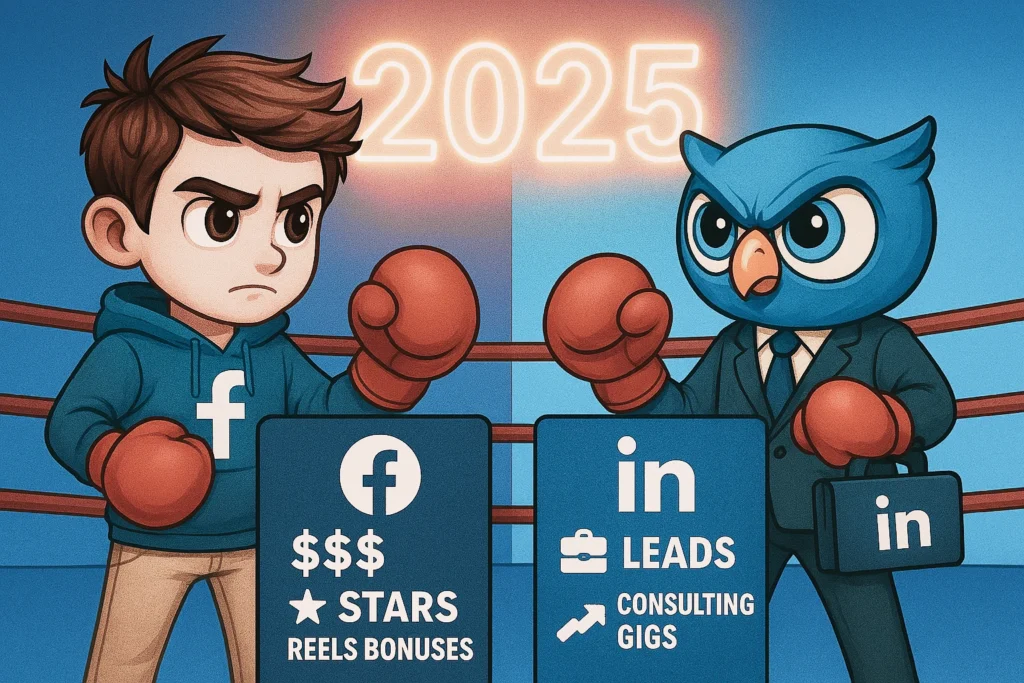 Boxing match scoreboard for Byte & Beak Creator Battles #4: Facebook vs LinkedIn – Which One’s Worth Your Time in 2025? On the left, the Facebook side features dollar signs, stars, and Reels bonuses. On the right, LinkedIn showcases briefcases, leads, and consulting gigs. The format is fun and easy to read, highlighting the key benefits of each platform in a head-to-head showdown.