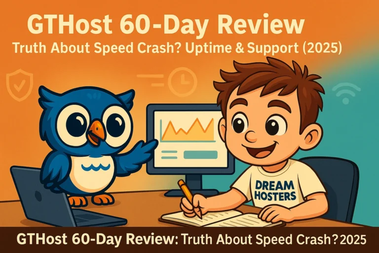 A colorful featured image for the article “GTHost 60-Day Review: Truth About Speed Crash? Uptime & Support (2025)” showing Byte, a smiling cartoon boy in a “DREAM HOSTERS” t-shirt, writing in a notebook beside a monitor with speed graphs. Beak, a cheerful blue owl, stands next to a laptop, gesturing at the data. The orange and teal background features tech icons, with the article title prominently displayed at the top.