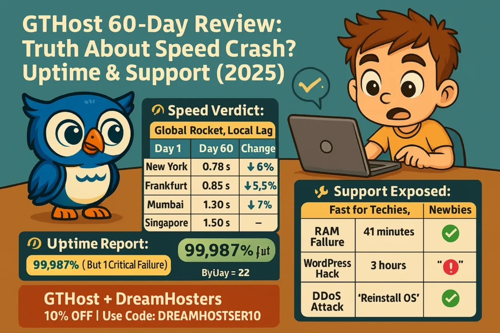 A colorful 2D infographic summarizes the 60-day review of GTHost with cartoon mascots Byte and Beak. Beak points at a speed verdict table showing improved load times in New York, Frankfurt, and Mumbai, while Byte looks surprised at his laptop. A support report compares response times for RAM failure, WordPress hack, and DDoS attack, highlighting tech-friendly but beginner-unfriendly support. The infographic also shows a 99.987% uptime rate and features a promo banner at the bottom: "GTHost + DreamHosters – 10% OFF | Use Code: DREAMHOSTERS10."
