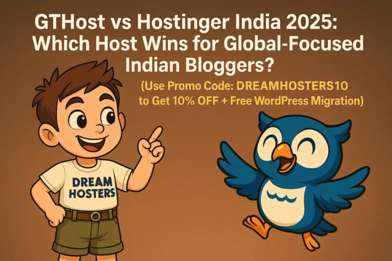 A promotional digital illustration features Byte, a cheerful cartoon boy in a "DREAM HOSTERS" T-shirt, pointing excitedly at Beak, a happy blue owl with an orange beak flapping its wings. The background is a warm gradient brown, with bold white and yellow text that reads: "GTHost vs Hostinger India 2025: Which Host Wins for Global-Focused Indian Bloggers? (Use Promo Code: DREAMHOSTERS10 to Get 10% OFF + Free WordPress Migration)