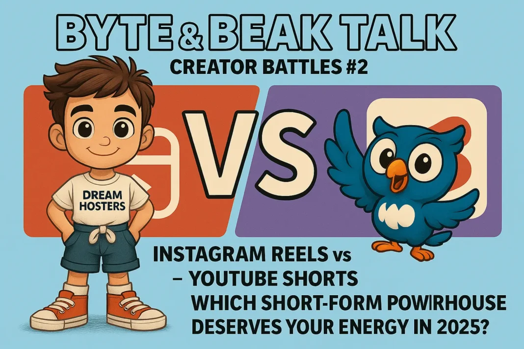 Instagram Reels vs YouTube Shorts: A lively landscape illustration featuring Byte (the boy) and Beak (the blue owl) hosting their 