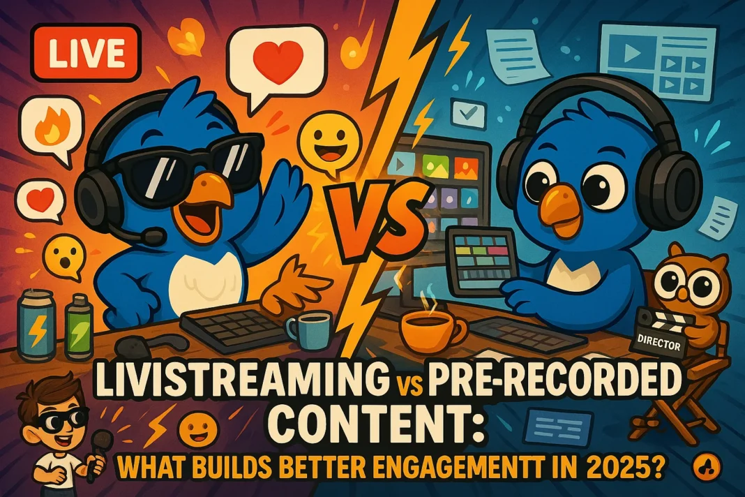 A bold, comic-style illustration showcasing the battle between Livestreaming vs Pre-Recorded Content. On the left, a lively creator (or owl) wearing a headset and sunglasses waves at an energetic chat box filled with flying emojis (🔥💬❤️🎉). A “LIVE” red icon hovers in the corner, while a cat mischievously walks across the keyboard amid LED lights and energy drinks. On the right, the same creator (or owl) sits calmly with studio headphones, adjusting video timelines on a screen filled with perfectly organized thumbnails. A cup of tea, script notes, and video editing software icons set the focused tone. In the center, a dramatic lightning bolt split separates the scenes, with bold text: 
