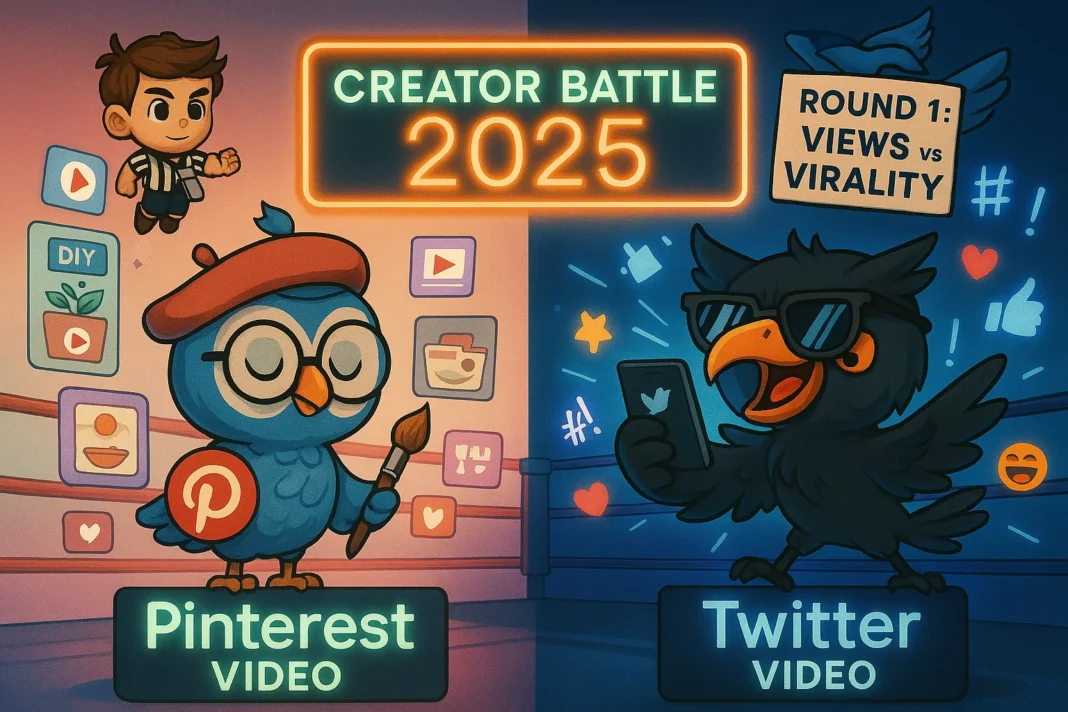The Ultimate Creator Showdown: A neon-lit boxing ring where Pinterest’s artsy owl mascot holds a Pinterest ‘P’ badge, surrounded by floating Video Pins of DIY projects, recipes, and moodboards. On the opposite side, Twitter/X’s chaotic meme-loving crow or parrot wears sunglasses and holds a phone, mid-tweet, with viral video snippets, hashtags, and likes bursting around. The background is split—serene pastel on Pinterest’s side, electric blue-black on Twitter’s side. Above them, the scoreboard reads: ‘CREATOR BATTLE 2025 – Pinterest Video vs Twitter Video.’ Byte is the pixelated referee with a whistle, while Beak flies overhead holding a sign that says ‘ROUND 1: VIEWS vs VIRALITY.