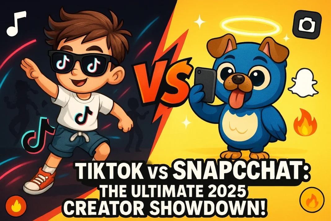 A vibrant, cartoon-style illustration of Byte & Beak in a split-screen creator showdown. On the left, Byte wears TikTok sunglasses and performs a trending dance with motion blur against a neon-lit, dark-mode TikTok background. On the right, Beak holds up a phone, snapping a selfie with a playful dog-face filter, surrounded by Snapchat’s yellow glow and AR icons. Between them, a comic-style 
