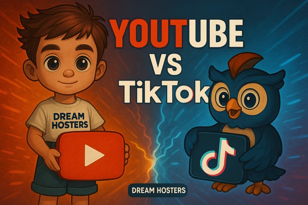 A dramatic digital illustration showcasing the battle between YouTube and TikTok creators in a futuristic coliseum. On the left, the YouTube side is bathed in bold reds and silvers, featuring warriors wielding a 
