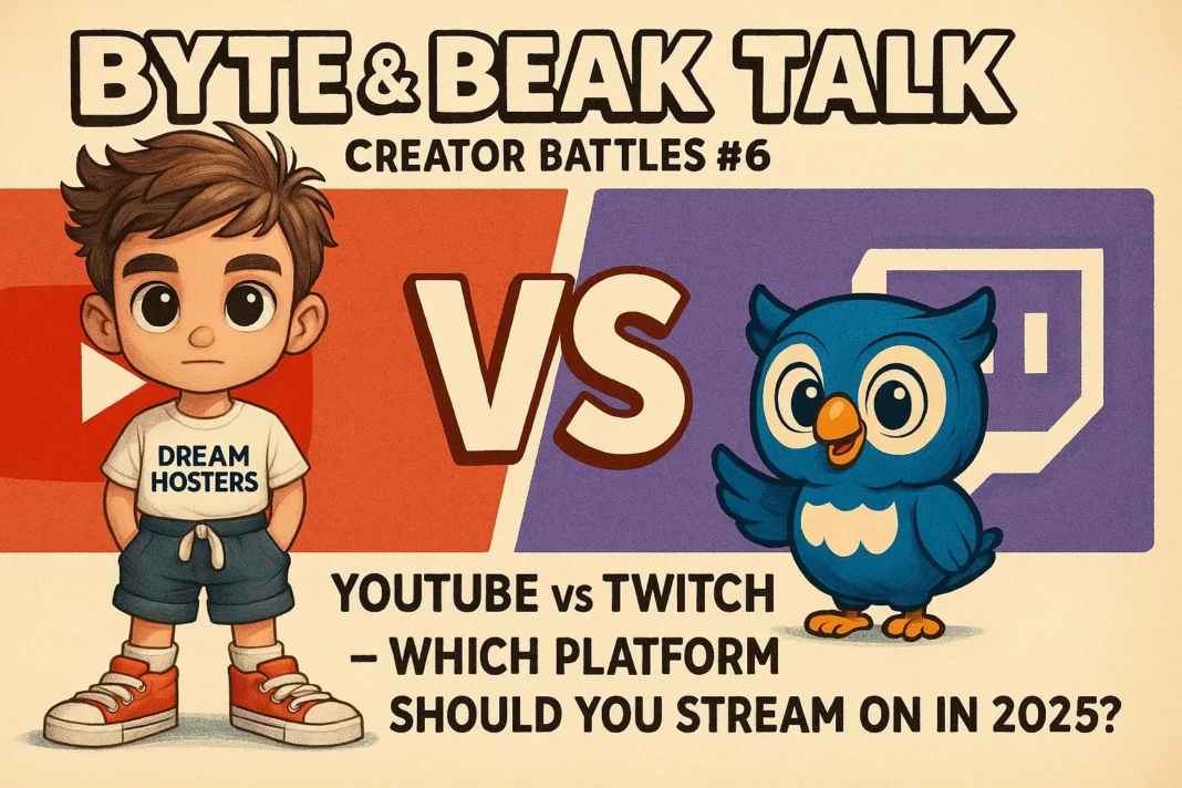 YouTube vs Twitch: A vibrant landscape image featuring Byte (the boy) and Beak (the blue owl) hosting their 