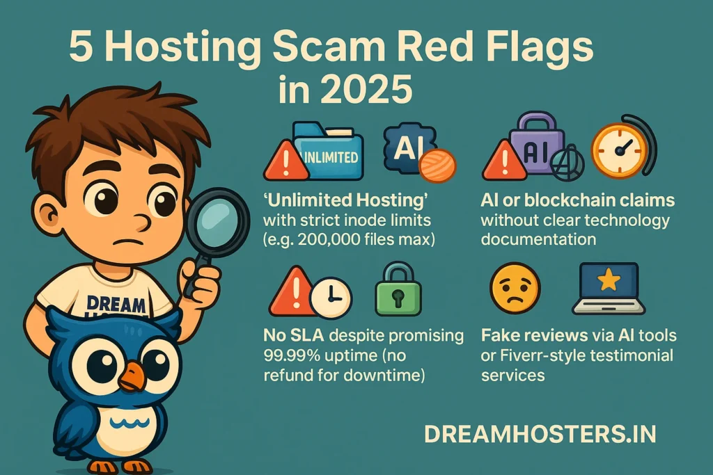 Web Hosting Scams 2025: 2D digital infographic titled ‘5 Hosting Scam Red Flags in 2025’ featuring mascots Beak and Byte alongside illustrated scam icons. Includes warnings about fake AI hosting, unlimited plans with inode limits, missing SLAs, expiring SSLs, and deepfake reviews. DreamHosters.in is shown at the bottom of the image.