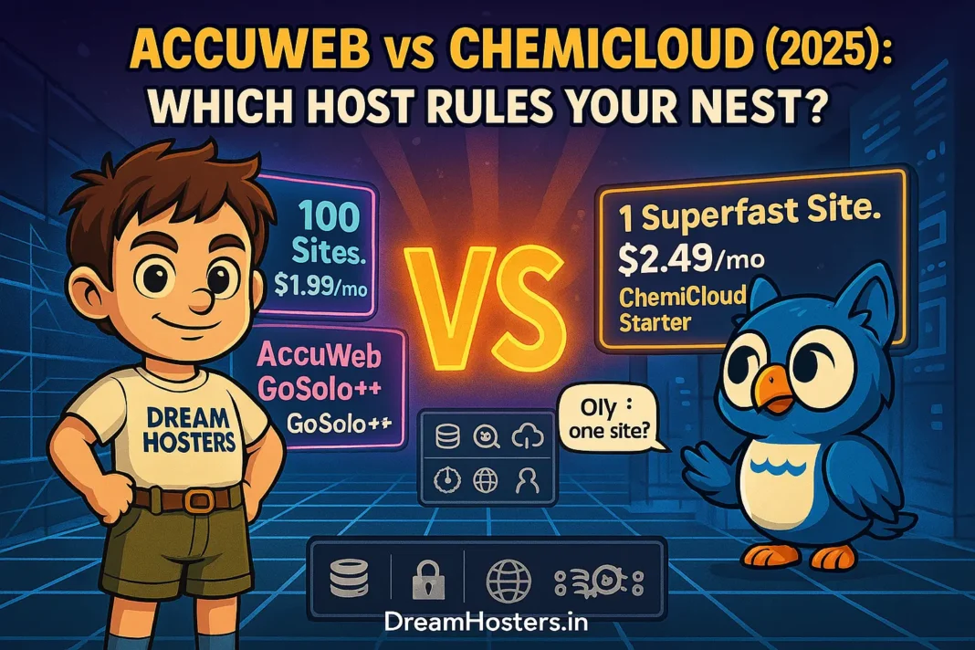 Illustration featuring Byte and Beak facing off in a tech-themed “Hosting Showdown Arena.” Byte stands confidently beside a glowing neon sign promoting 