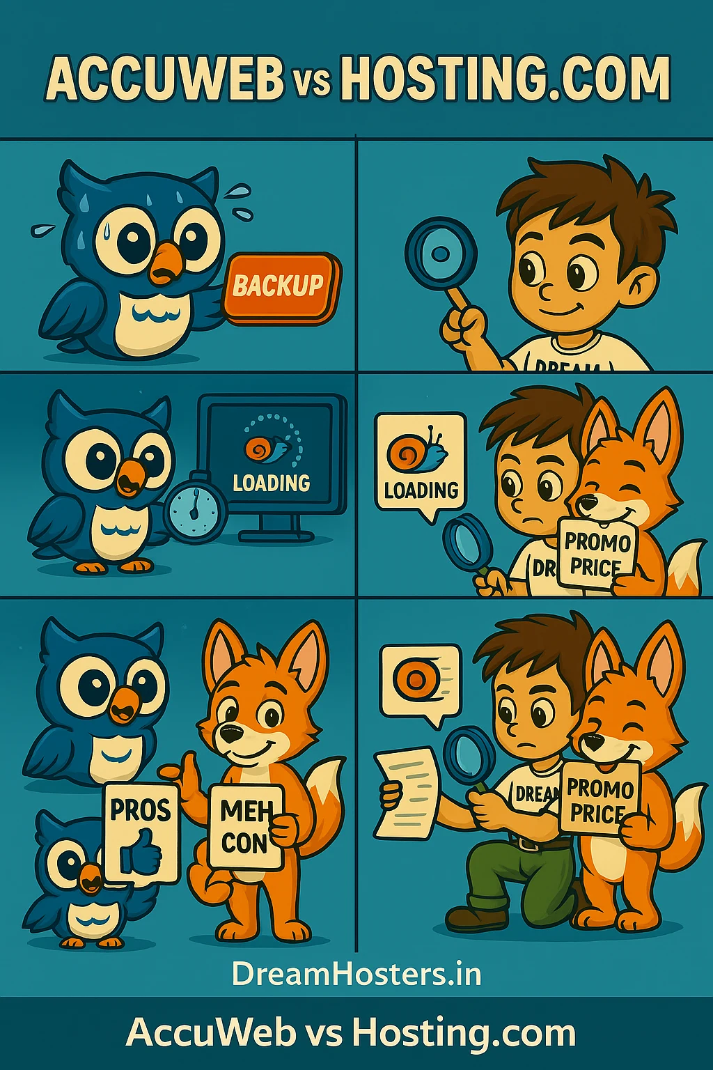 Hosting.com vs AccuWeb Hosting Comparison: Comparison-themed illustration featuring the mascots Byte and Beak in a vibrant tech arena setting. On the left, Beak the owl stands confidently on a cloud beside a laptop showing performance graphs, promoting “100 Sites. $1.99/mo – AccuWeb GoSolo+.” On the right, Byte the boy mascot wears a “Dream Hosters” tee and manages server cables connected to a glowing data center, representing Hosting.com.. A prominent holographic “VS” floats between them, reinforcing the theme “Hosting.com vs AccuWeb Hosting.” The color palette features cool tones, and the bottom displays a watermark: DreamHosters.in.