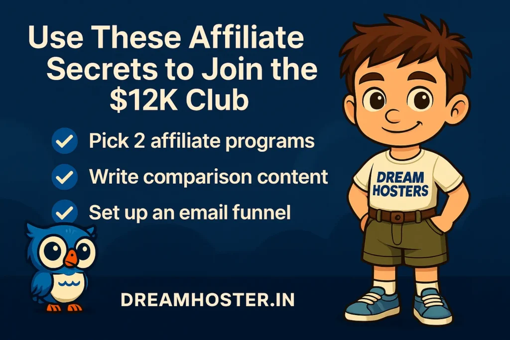 Web Hosting Affiliate Secrets: Beak and Byte cartoon mascots in a landscape banner with speech bubbles. Beak the blue owl says 'Avoid shared IPs—they get blacklisted!' and Byte the boy replies 'Use InterServer for lifetime cookies!' The background is in a cool pastel blue theme with DREAMHOSTERS.IN displayed at the bottom.