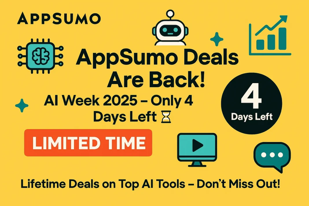 A bold, tech-inspired landscape image featuring Byte (a cheerful boy) and Beak (a wise owl) standing confidently amid floating AI icons like a brain chip, robot, graph, video player, and chat bubble. At the top left, the AppSumo logo is subtly faded into the yellow and black background. Centered headline in bold reads “AppSumo Deals Are Back!” followed by “AI Week 2025 – Only 4 Days Left ⏳”. A red-orange “LIMITED TIME” ribbon pops near the center, with a countdown clock graphic showing “4 Days Left”. The tagline at the bottom states, “Lifetime Deals on Top AI Tools – Don’t Miss Out!”—all set against a backdrop that blends urgency with innovation, using yellow, black, red, orange, and touches of blue and green to convey energy and tech-forward excitement.