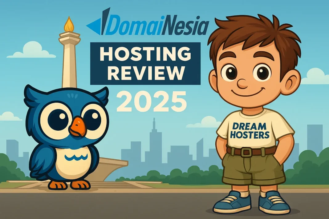 A digital illustration of DreamHosters mascots Beak 🦉 (a blue cartoon owl) and Byte 👨‍💻 (a boy in a 