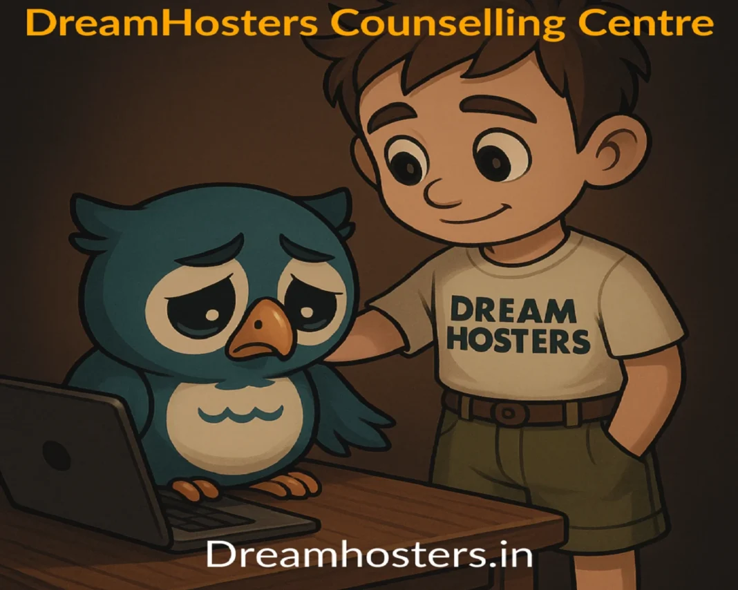 A worried blogger owl (Beak) sits at a dimly lit desk with his laptop, while Byte gently consoles him after the damage caused by using nulled SEO plugins — a powerful visual metaphor for the risks and regret tied to cracked WordPress tools.